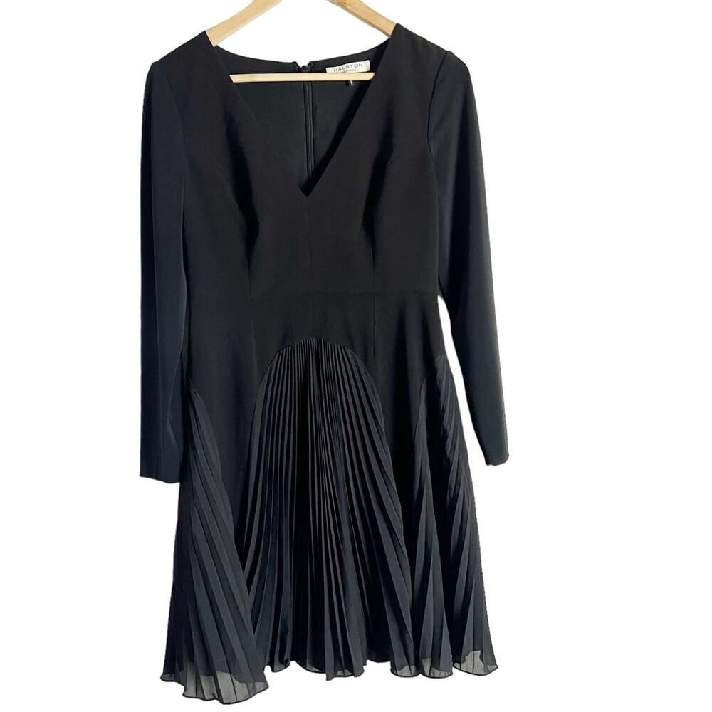 Halston Heritage Black Long Sleeve V-Neck Pleated A-Line Mini Dress Size 2